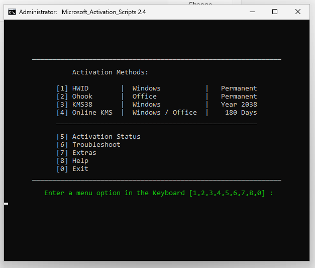 Microsoft Activation Scripts (MAS) 選單